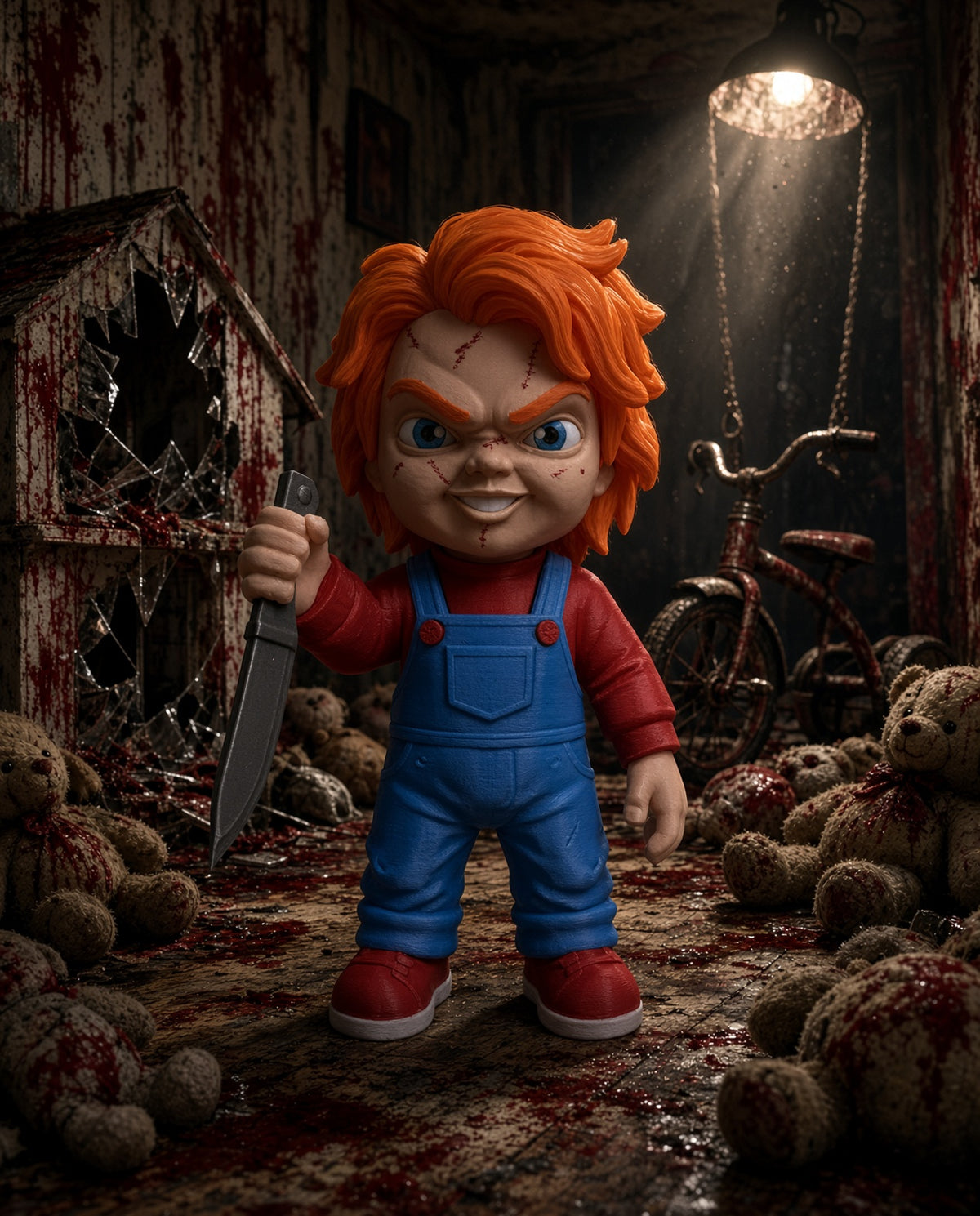 3D-printed Chucky horror figure featuring his iconic sinister appearance, perfect for horror fans and collectors.