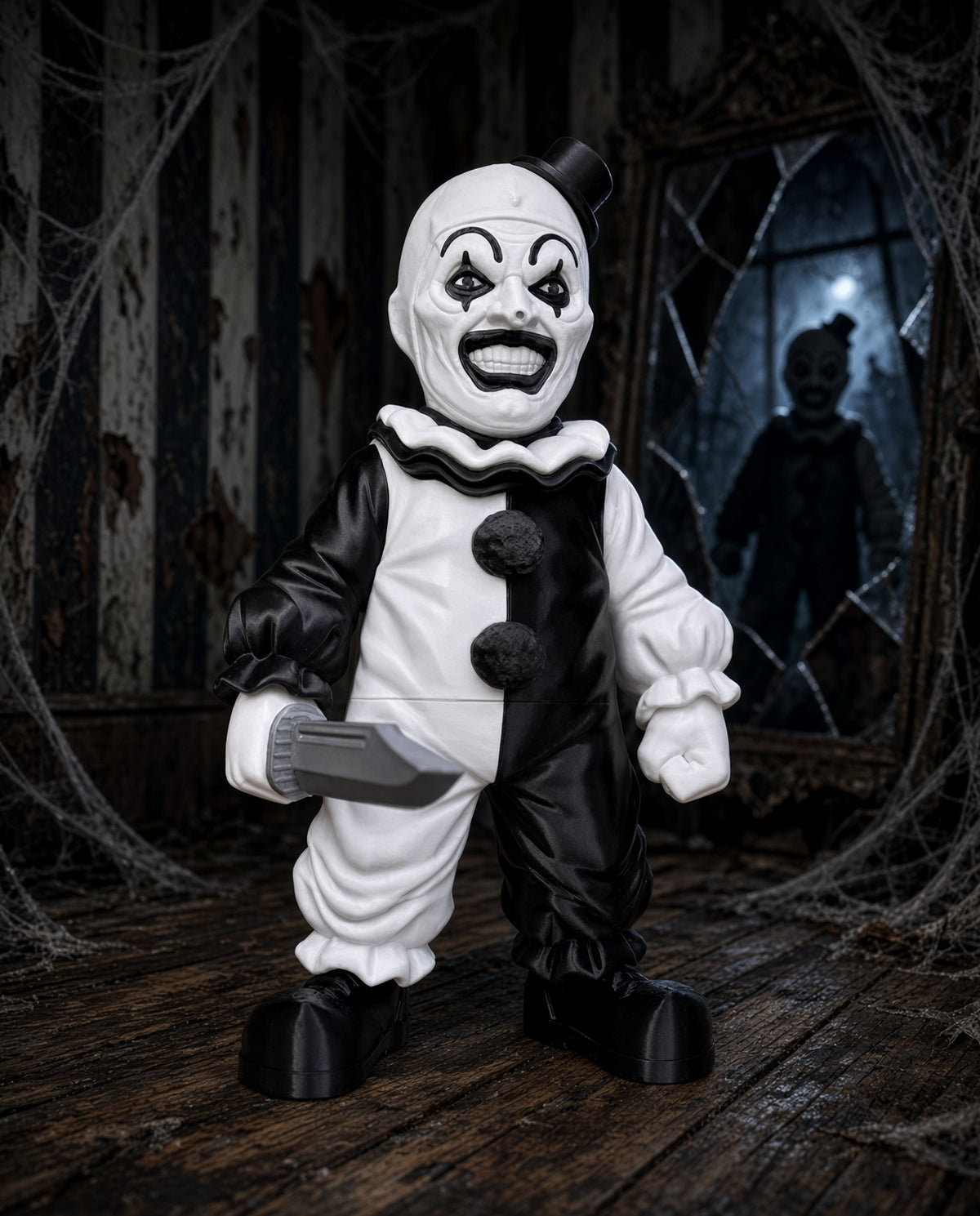 3D-printed Art the Clown horror figure with detailed features, perfect for horror collectors and display shelves.