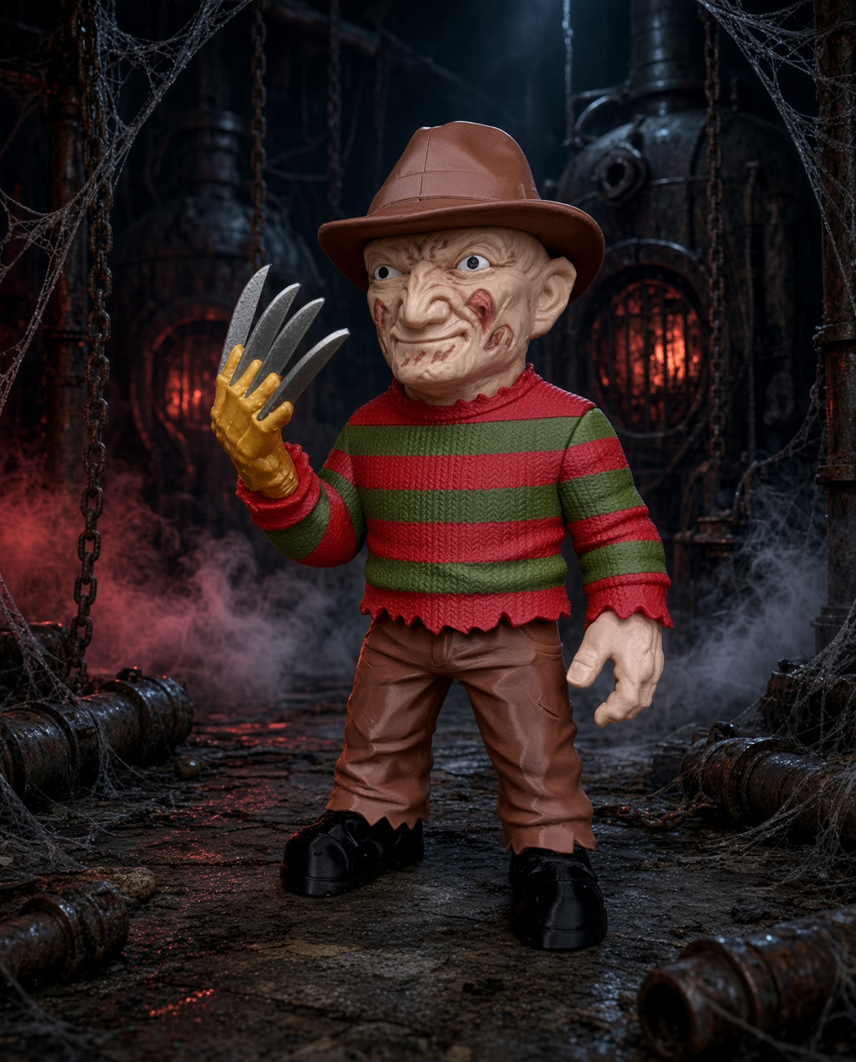 3D-printed Freddy Krueger horror figure featuring his iconic striped jumper, hat and sinister appearance, perfect for horror collectors and display shelves.