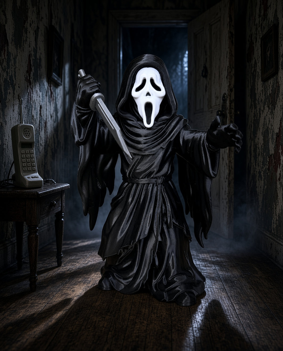 3D-printed Ghostface horror figure featuring the iconic Scream mask and sinister appearance, perfect for horror fans and collectors.