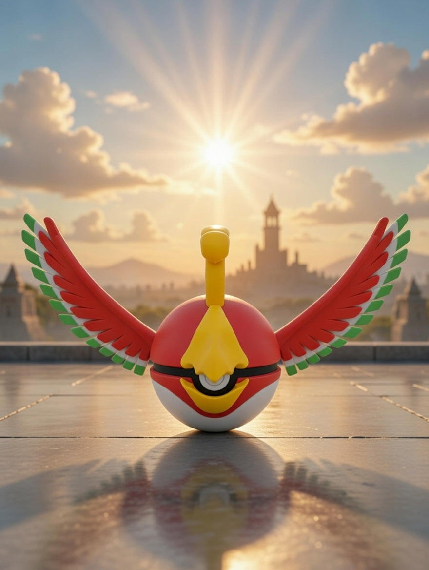 Toy figure with red and green wings on a reflective surface with a cityscape in the background