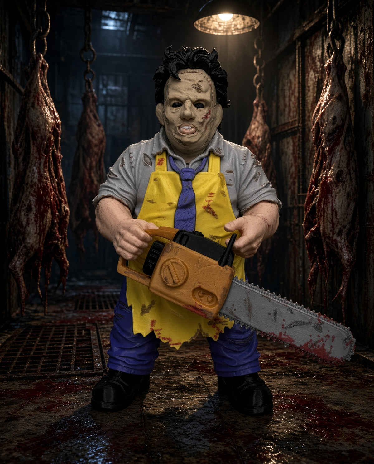 3D-printed Leatherface horror figure featuring his iconic mask and terrifying appearance, perfect for horror fans and collectors.