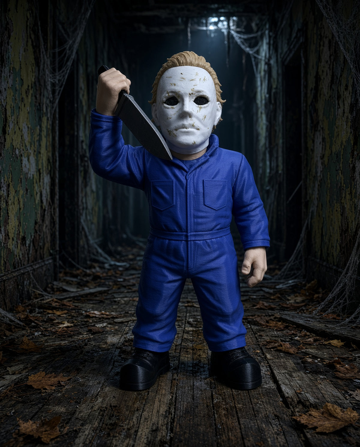 3D-printed Michael Myers horror figure featuring his iconic white mask and chilling appearance, perfect for horror fans and collectors.