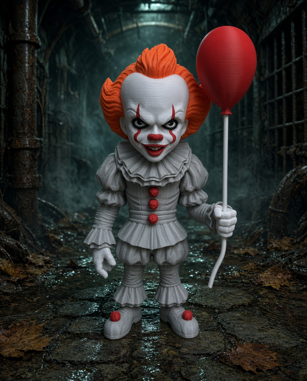 3D-printed Pennywise horror figure featuring his sinister clown appearance and iconic creepy grin, perfect for horror fans and collectors.