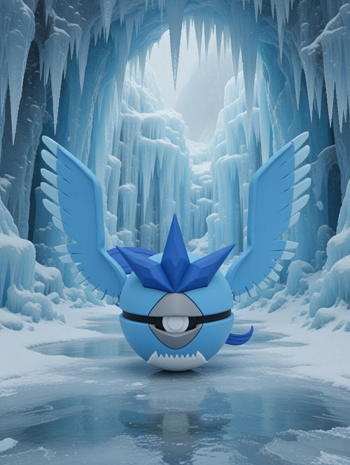 Blue and white creature with wings in an icy cave