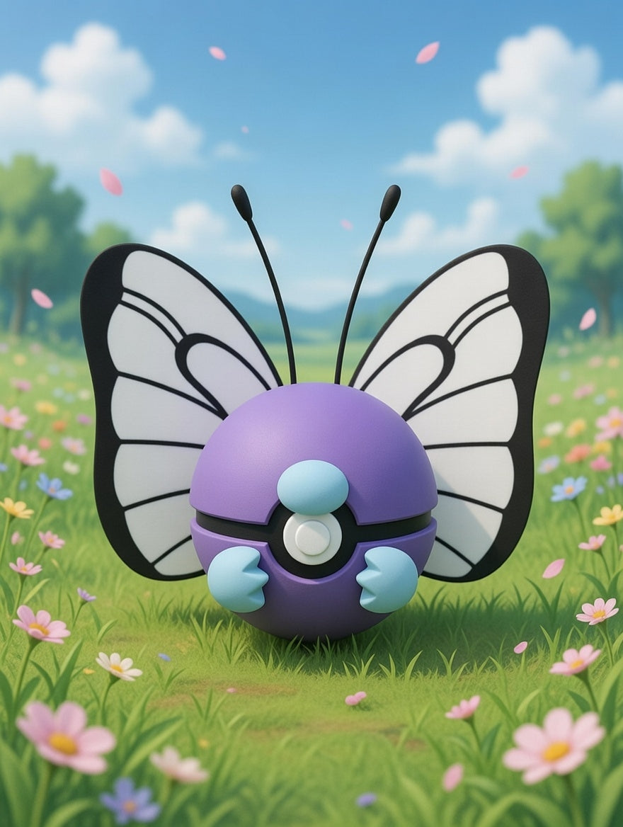 Butterfree-like character in a field with flowers and trees