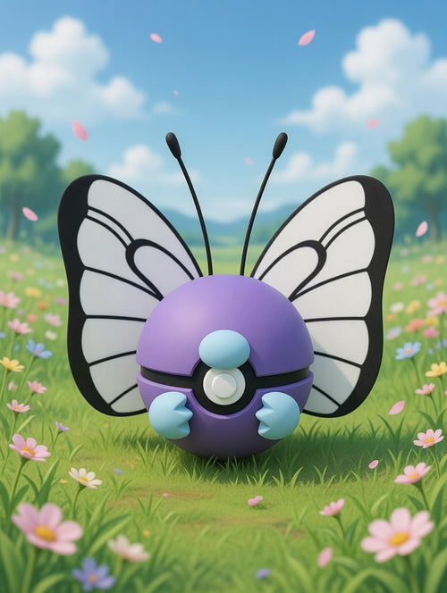 Butterfree-like character in a field with flowers and trees