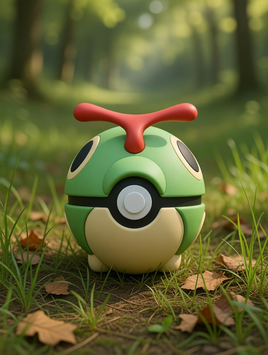 Toy resembling a Poké Ball with a red antenna on grass