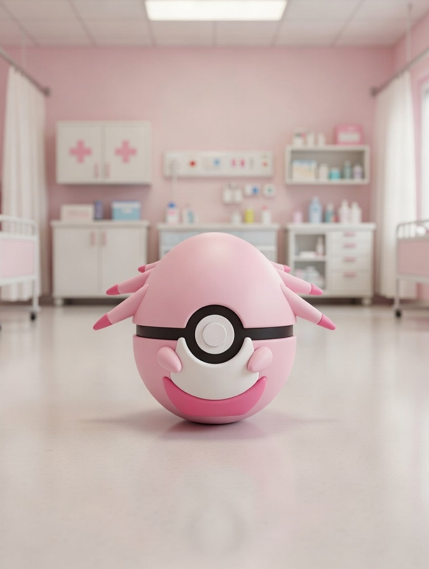 Pink plush toy resembling a Poké Ball in a room with pink walls and medical equipment.
