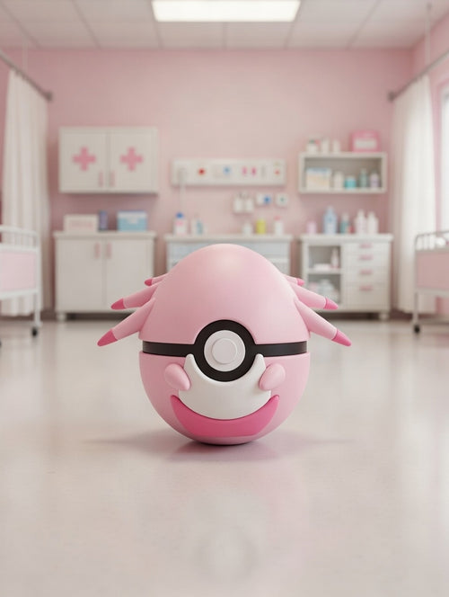 Pink plush toy resembling a Poké Ball in a room with pink walls and medical equipment.