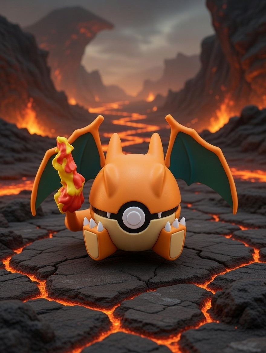 Toy figure of a dragon-like creature on a volcanic landscape with lava and rocky terrain.