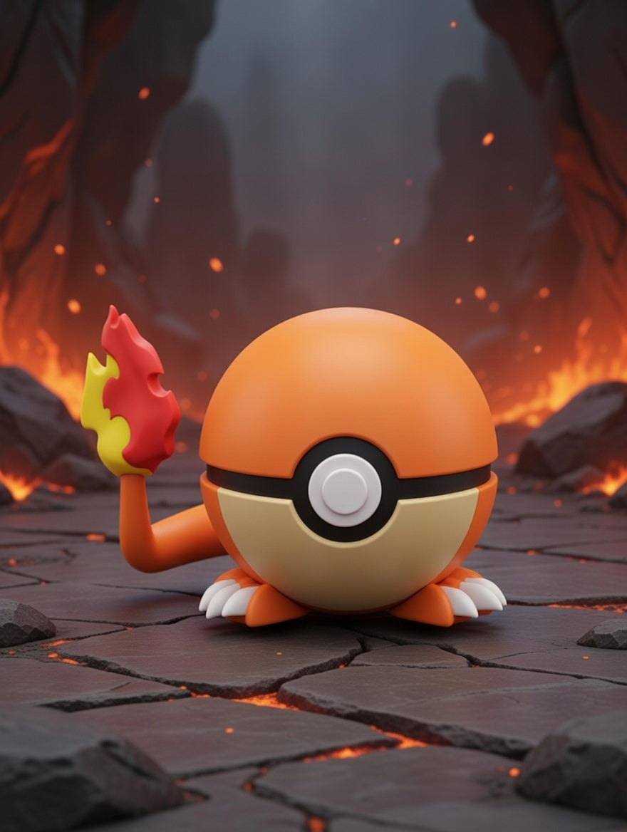 Animated character resembling a Poké Ball with a flame on its hand, standing on a stone surface with a fiery background.