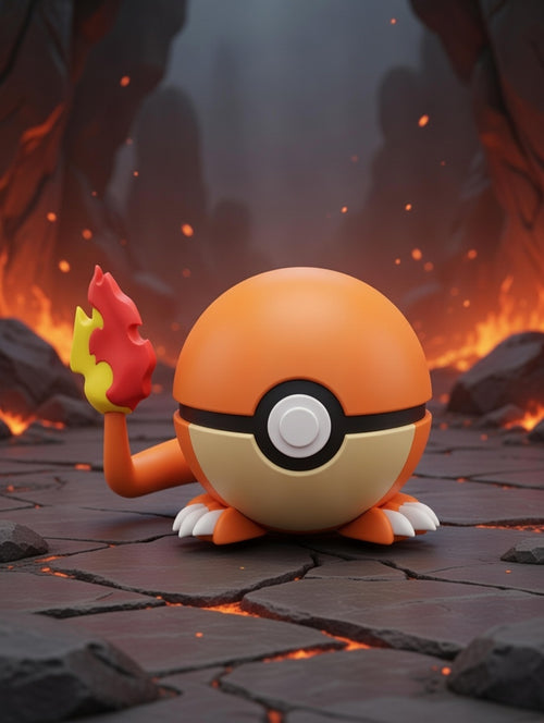 Animated character resembling a Poké Ball with a flame on its hand, standing on a stone surface with a fiery background.