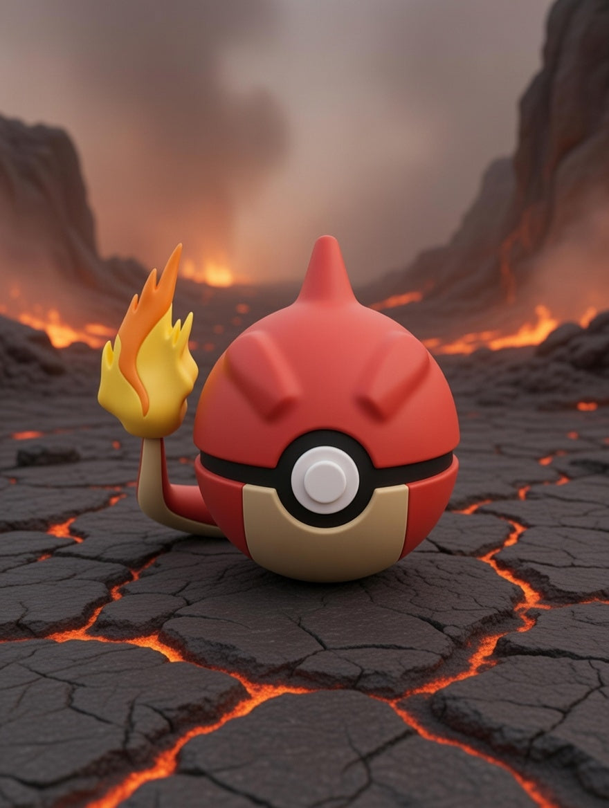 Poké Ball-like character with flame on a volcanic background
