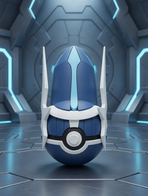 Blue and white Poké Ball-like object with a futuristic design in a sci-fi corridor.