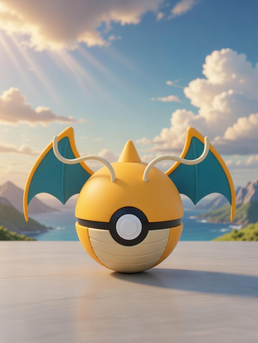 Poké Ball-like object with bat wings on a wooden surface against a scenic background