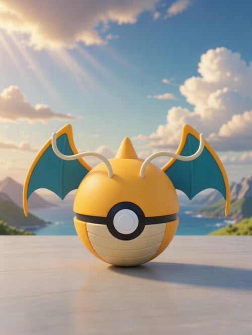 Poké Ball-like object with bat wings on a wooden surface against a scenic background