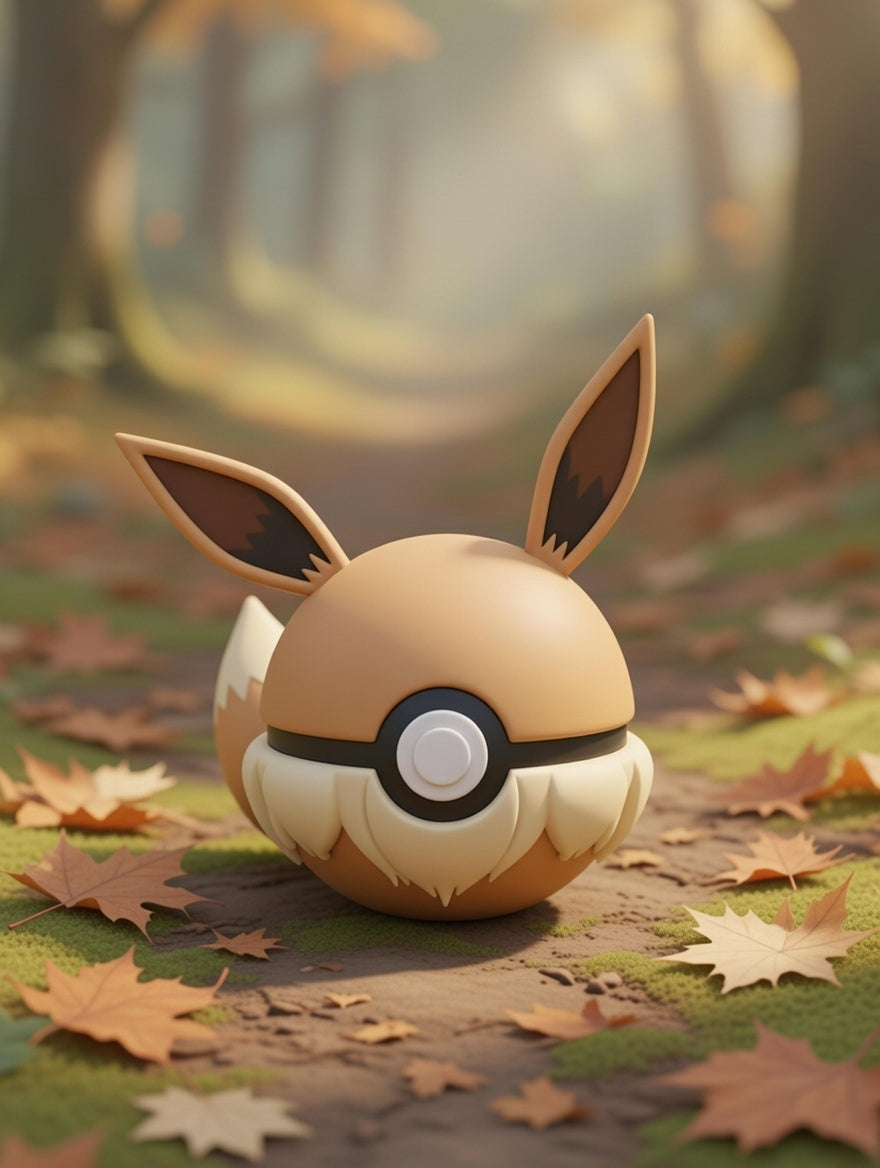 Poké Ball-like creature with large ears on a forest floor with leaves