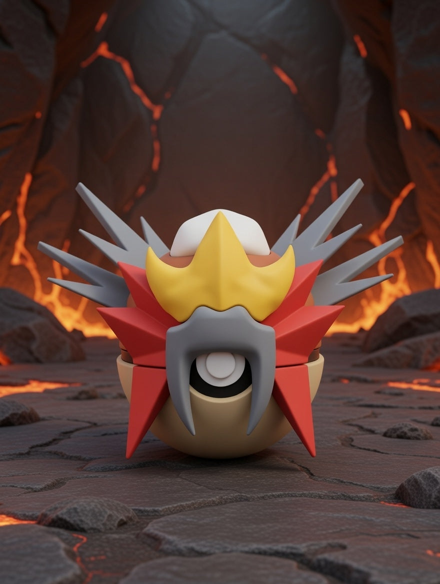 Animated character with a fiery design on a volcanic background