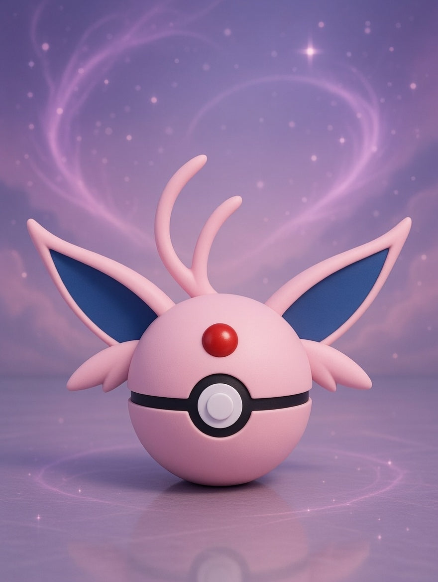 Pink creature with blue ears and a red button on a purple background