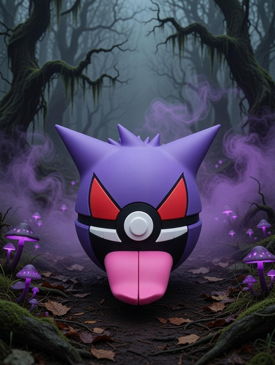 Vibrant purple mask with red accents in a mystical forest setting