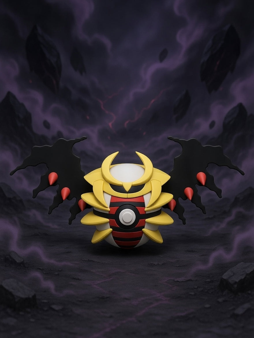 Cartoon character with bat-like wings and red accents against a dark, stormy background