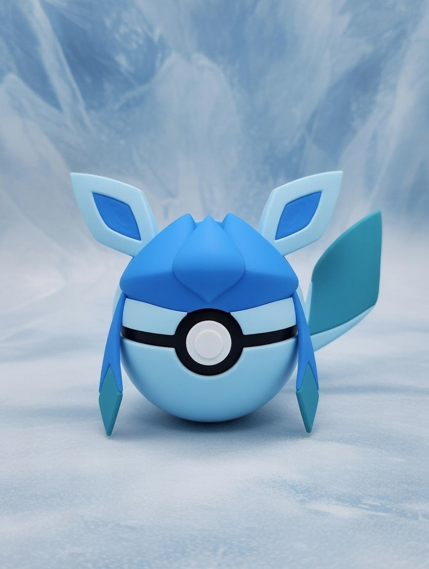 Blue Poké Ball with ear-like appendages on a snowy background