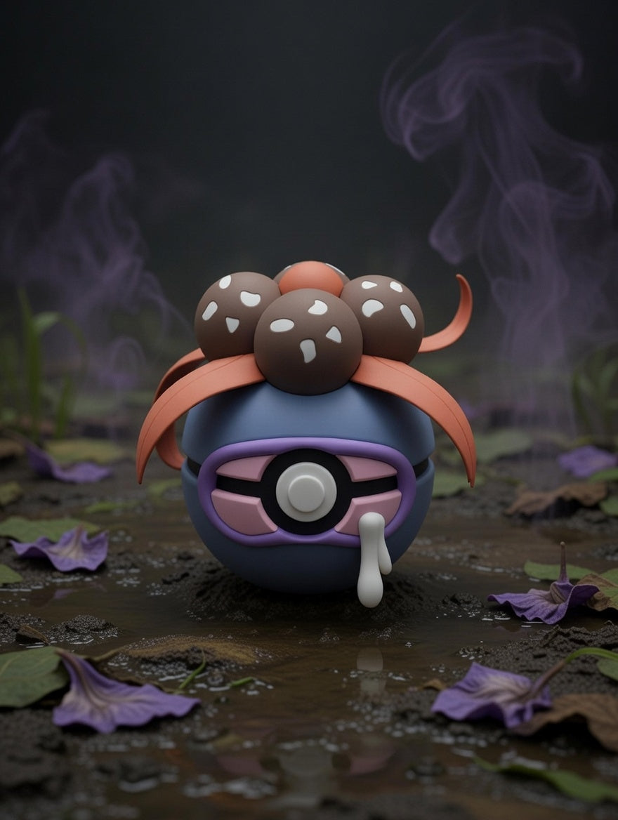 Toy figure with a Poké Ball design on a dark, leafy background