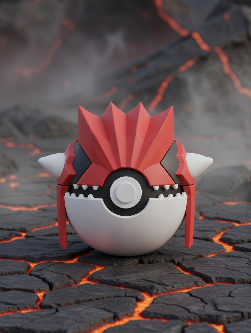 Poké Ball-like character with red and white design on a volcanic background