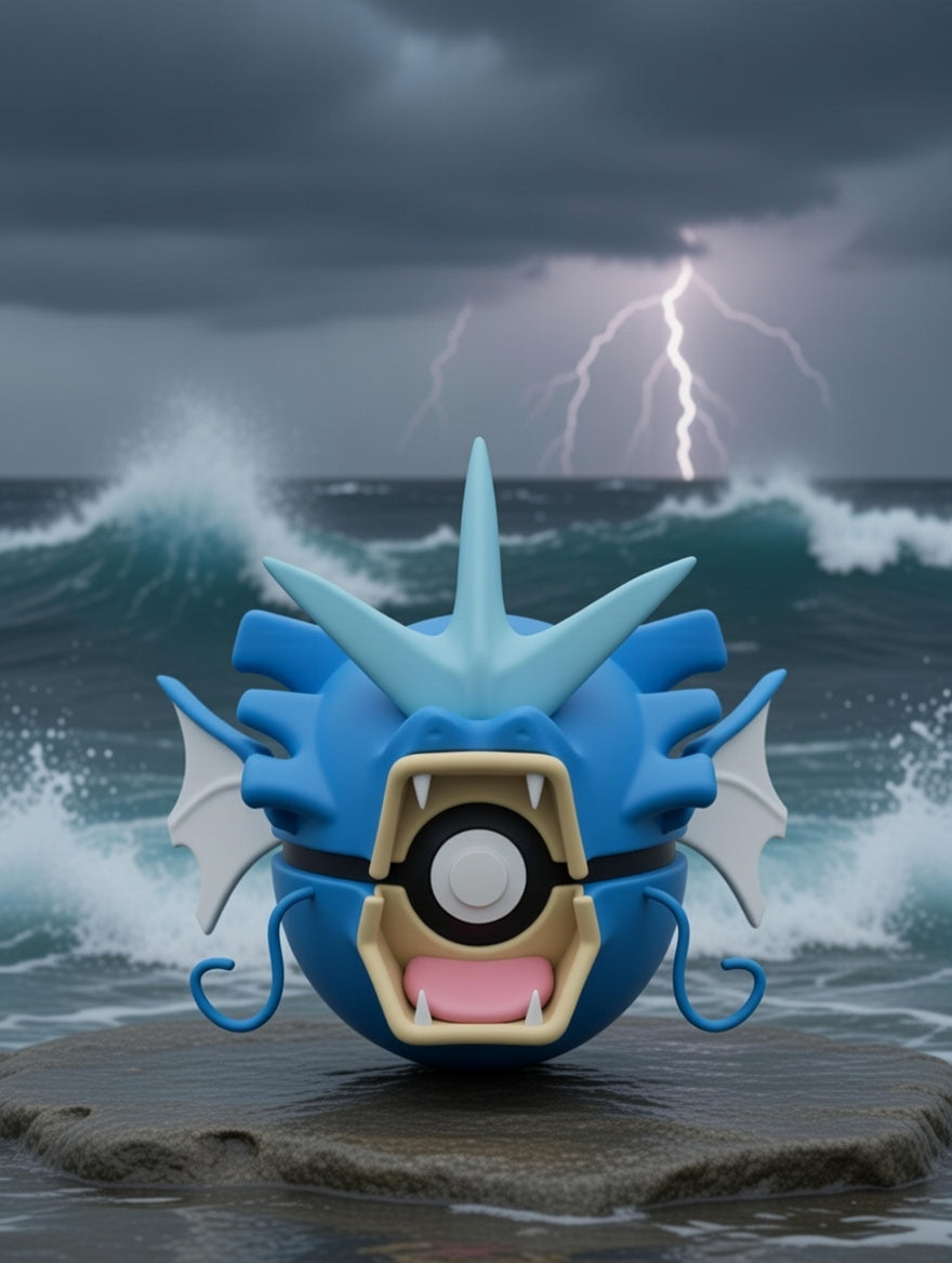 Toy figure of a blue creature with a stormy ocean and lightning in the background