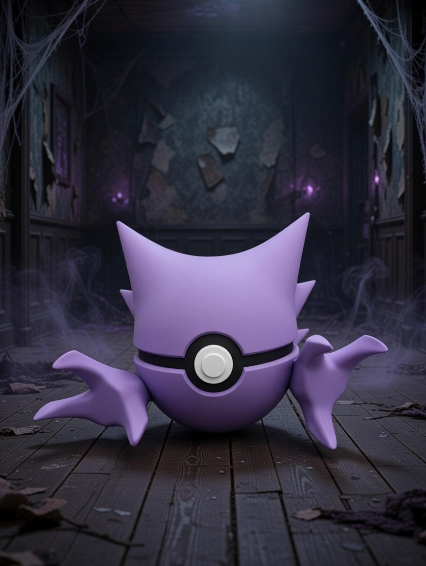 Purple ghost-like creature with a round body and large head in a dark, eerie setting.
