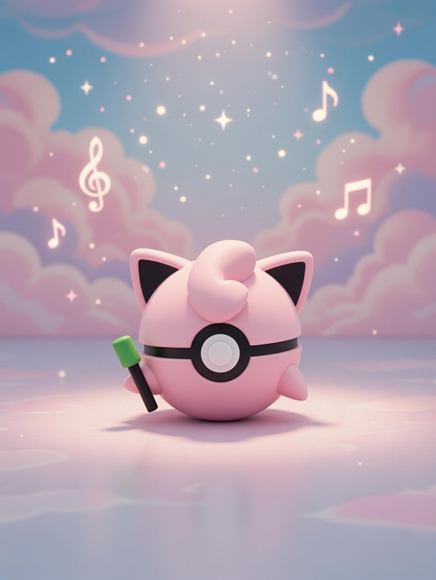 Pink character with cat ears holding a green object against a pastel sky with clouds and musical notes.