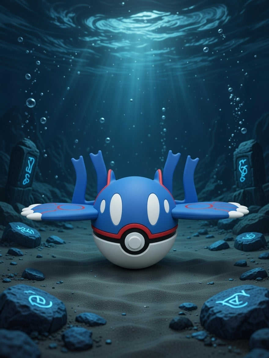 Toy resembling a blue and white creature with red accents on a dark underwater background
