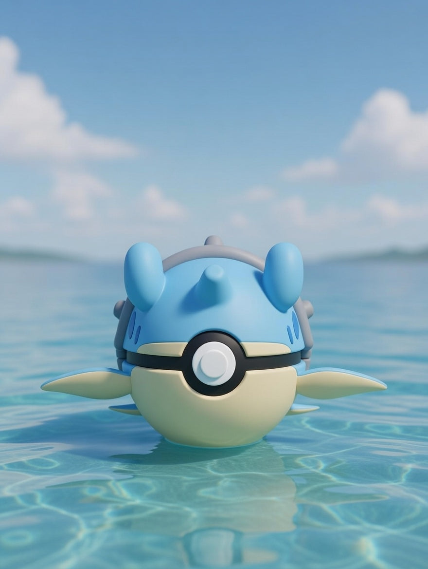 Toy figure of a character with a Poké Ball design floating in water with a blue sky background