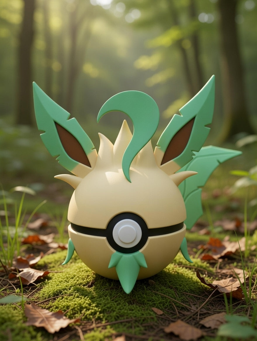 Toy figure resembling a Poké Ball with leaf-like appendages in a forest setting