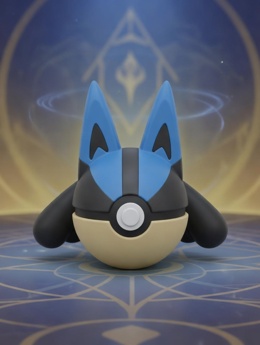 Toy figure resembling a Poké Ball with blue and black design on a patterned background