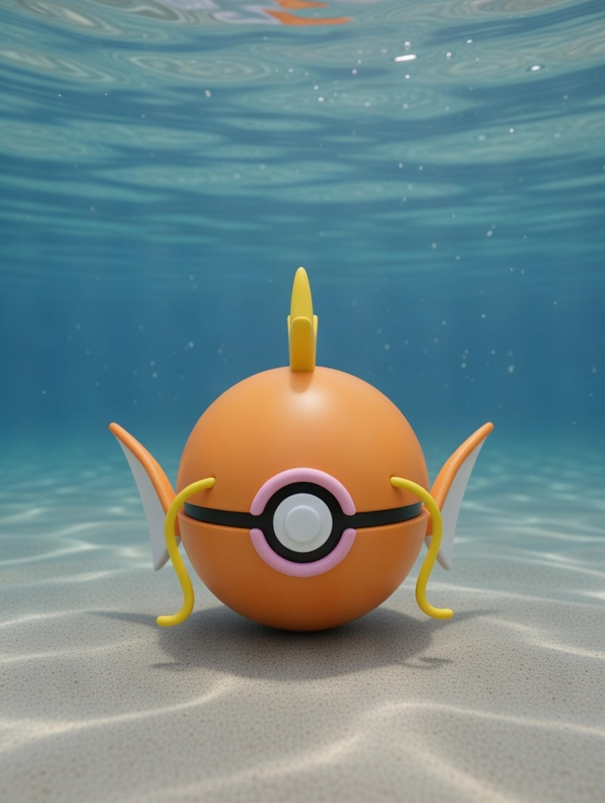 Toy resembling a fish with a pokeball design underwater