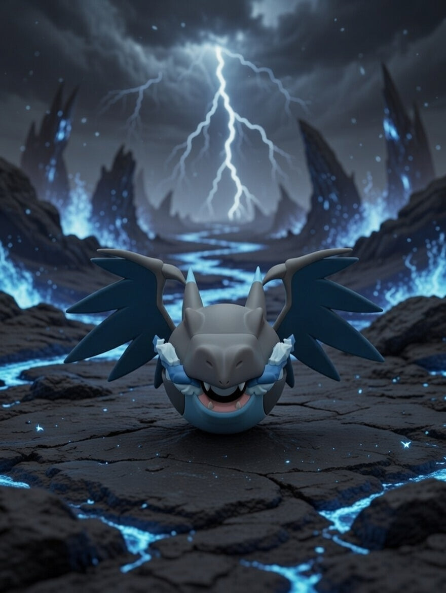 Cartoon dragon in a fantasy landscape with lightning and dark sky