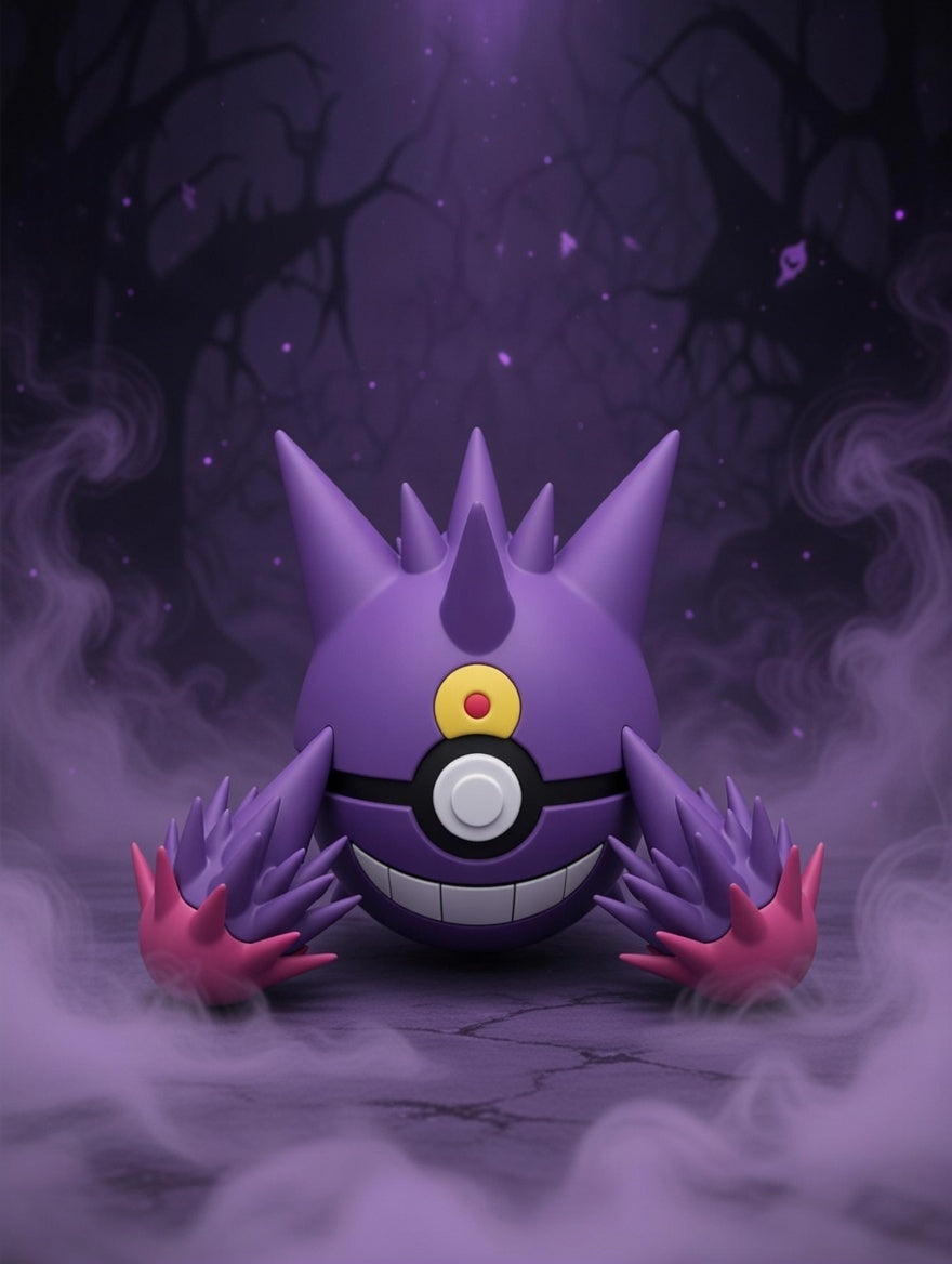 Purple cartoon character with a Poké Ball design on a dark background