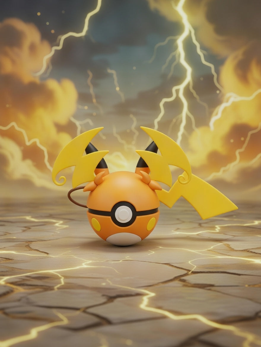 Animated character with a yellow and orange design on a stormy background