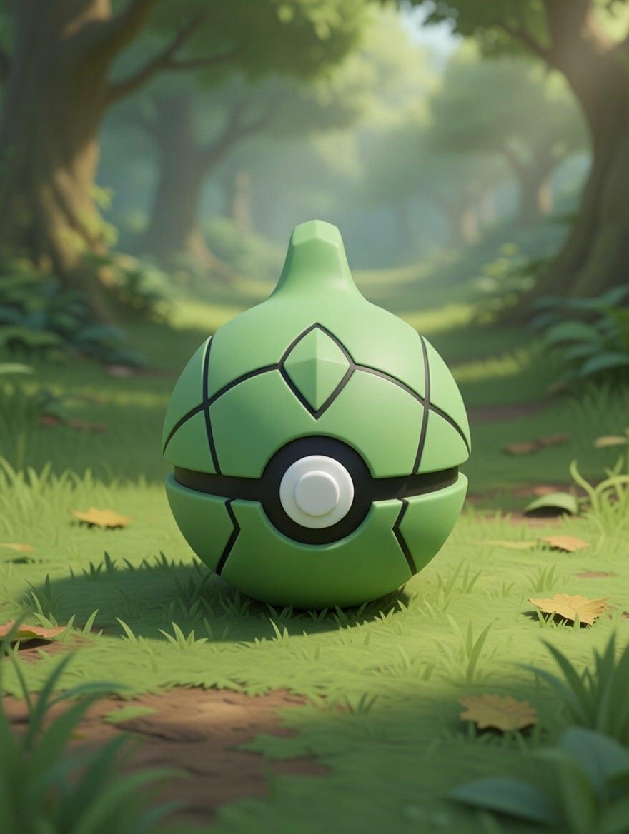 Green Poké Ball-like object in a forest setting