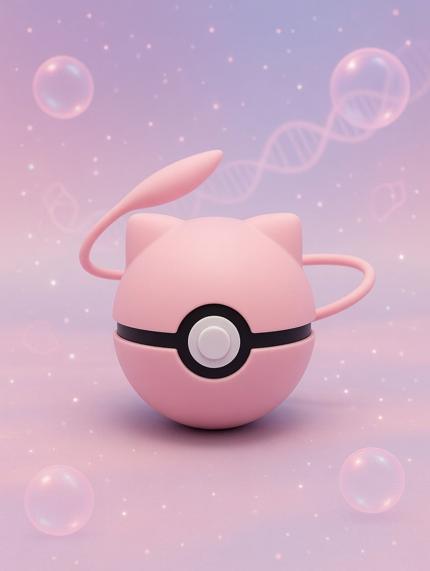Pink Jigglypuff toy with a Poké Ball design on a light purple background with bubbles.