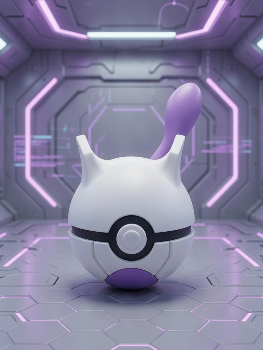 White and purple robot-like object in a futuristic room with neon lights