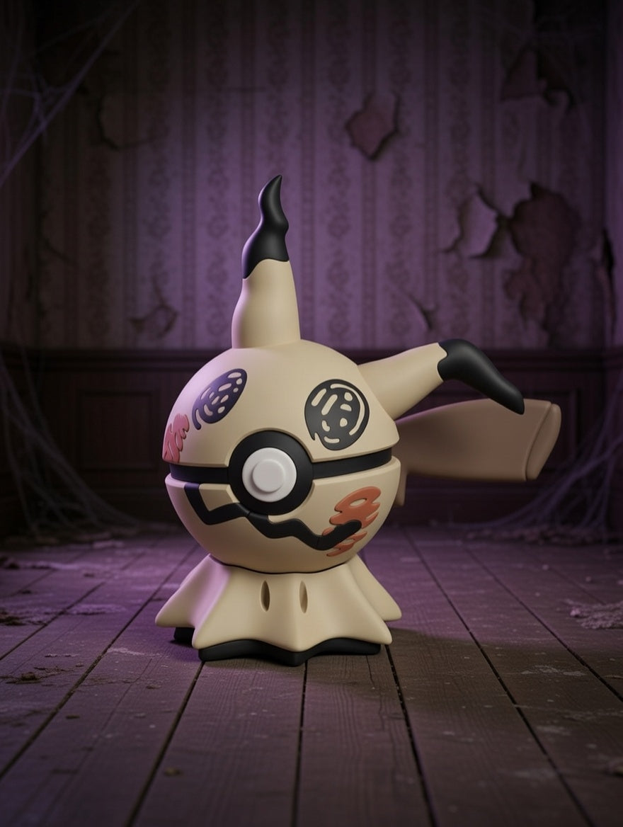 Toy figure of a stylized character with a Poké Ball design on a dark background