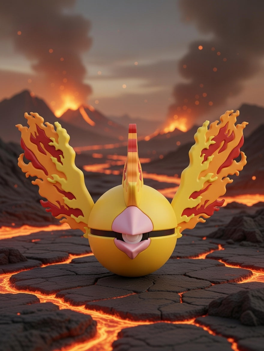 Animated character with fiery wings in a volcanic landscape