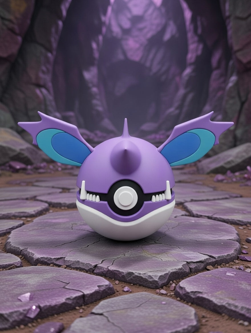 Purple and white creature with blue accents on a stone path
