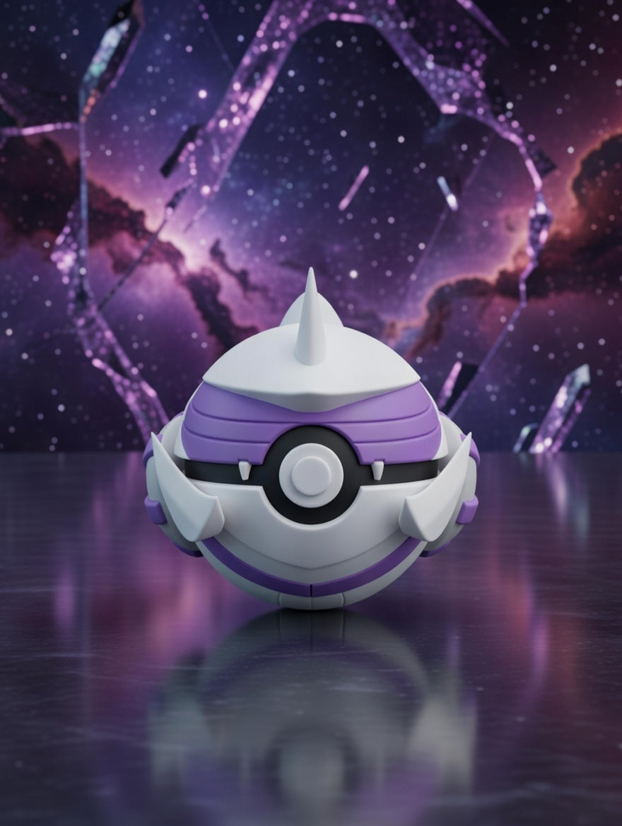 Poké Ball-like object with a star on a reflective surface against a cosmic background