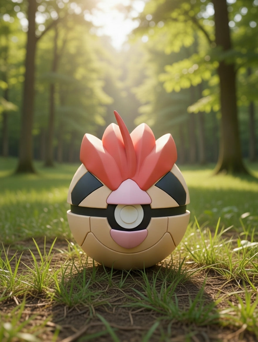Poké Ball-like object with a red and black design in a forest setting