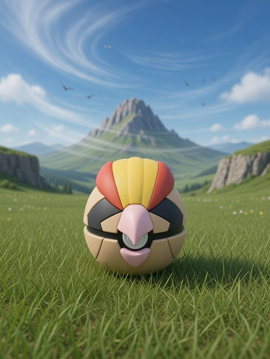 Toy figure resembling a bird with a colorful head on grass with mountains in the background