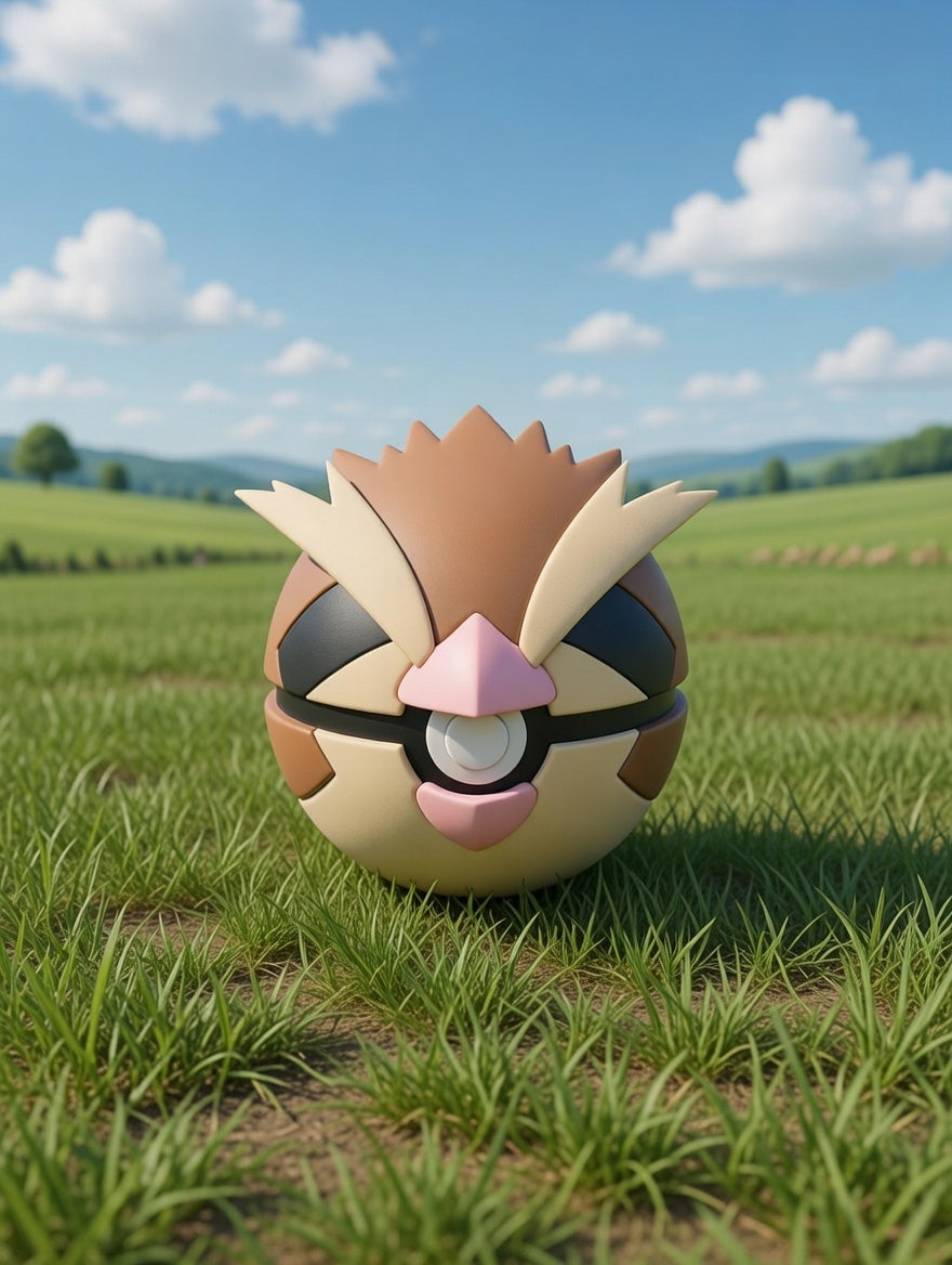 Toy figure resembling a stylized creature with a Poké Ball on grass with a scenic background